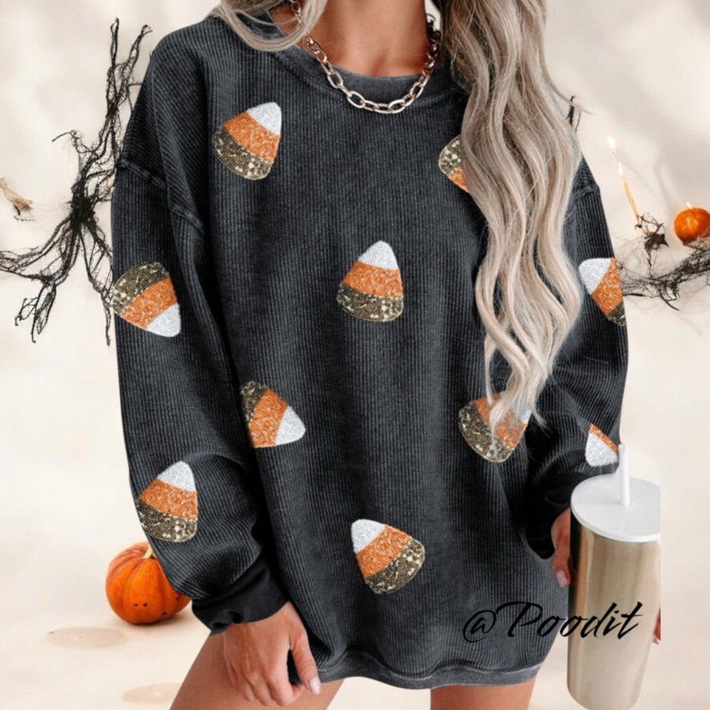 POODIT Cutest sequin candy corn oversized pullover S M L XL 2XL - Picture 3 of 9